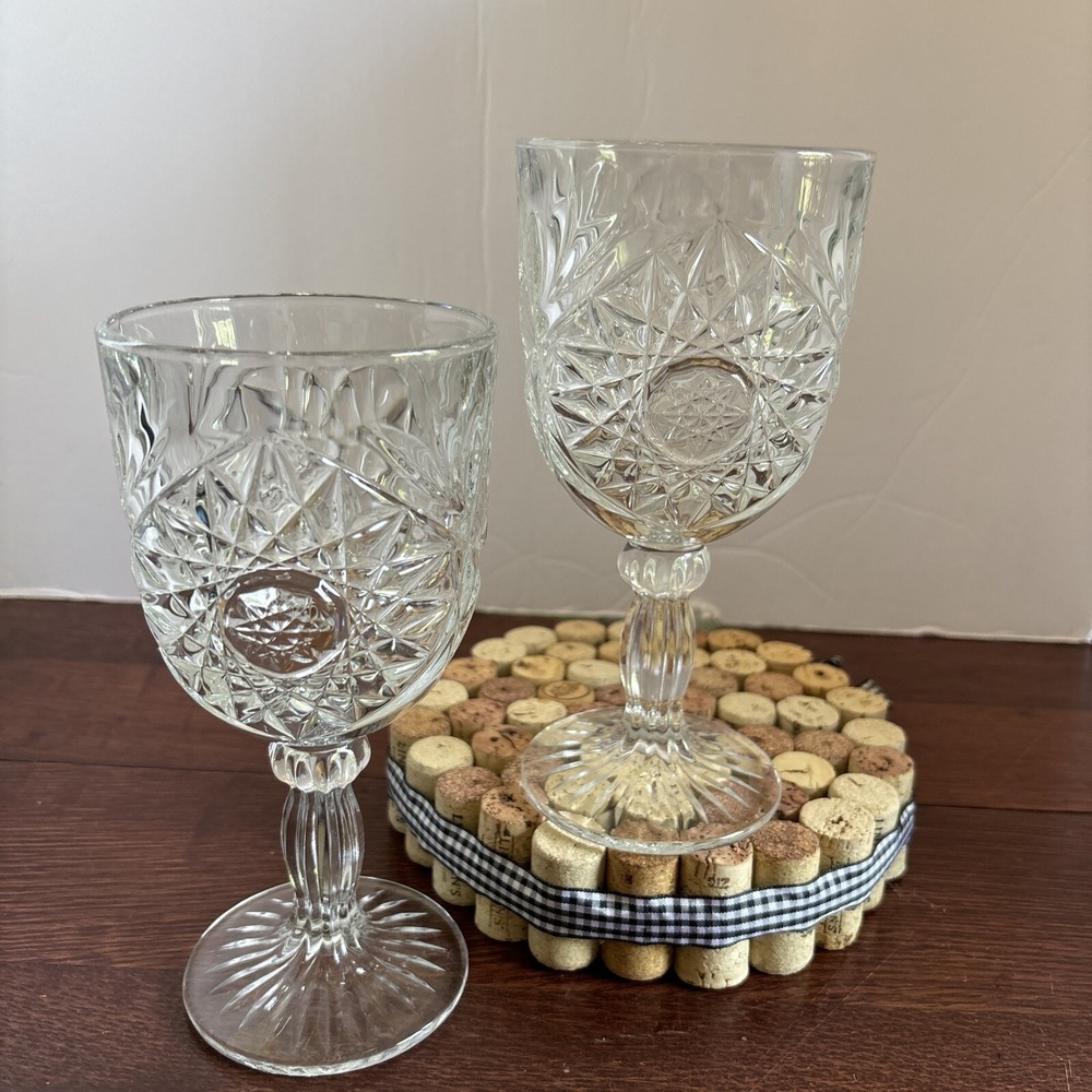 Set of 2 Vintage Libbey Duratuff Clear Glass Gibraltar Water Wine Goblets 6-3/4"